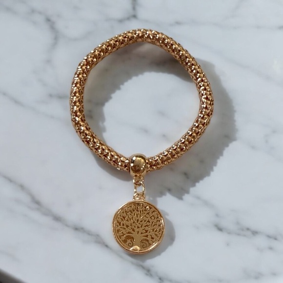 Tree of Life Crystal Charm Stretch Bracelet Set Rose Gold Silver Gold Tri-Color - Picture 6 of 8